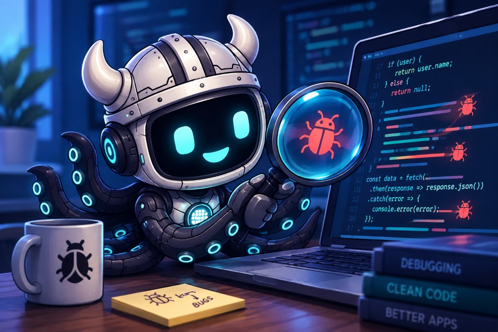 The SoftwareCentral mascot, an octopus in a viking helmet, hunting bugs with a magnifying glass