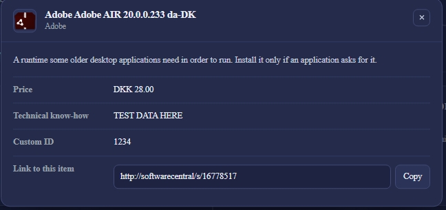 The details sheet for an application, showing the full description, the built-in contact fields, a customer-defined field, the search tag pills and the share link with its Copy button