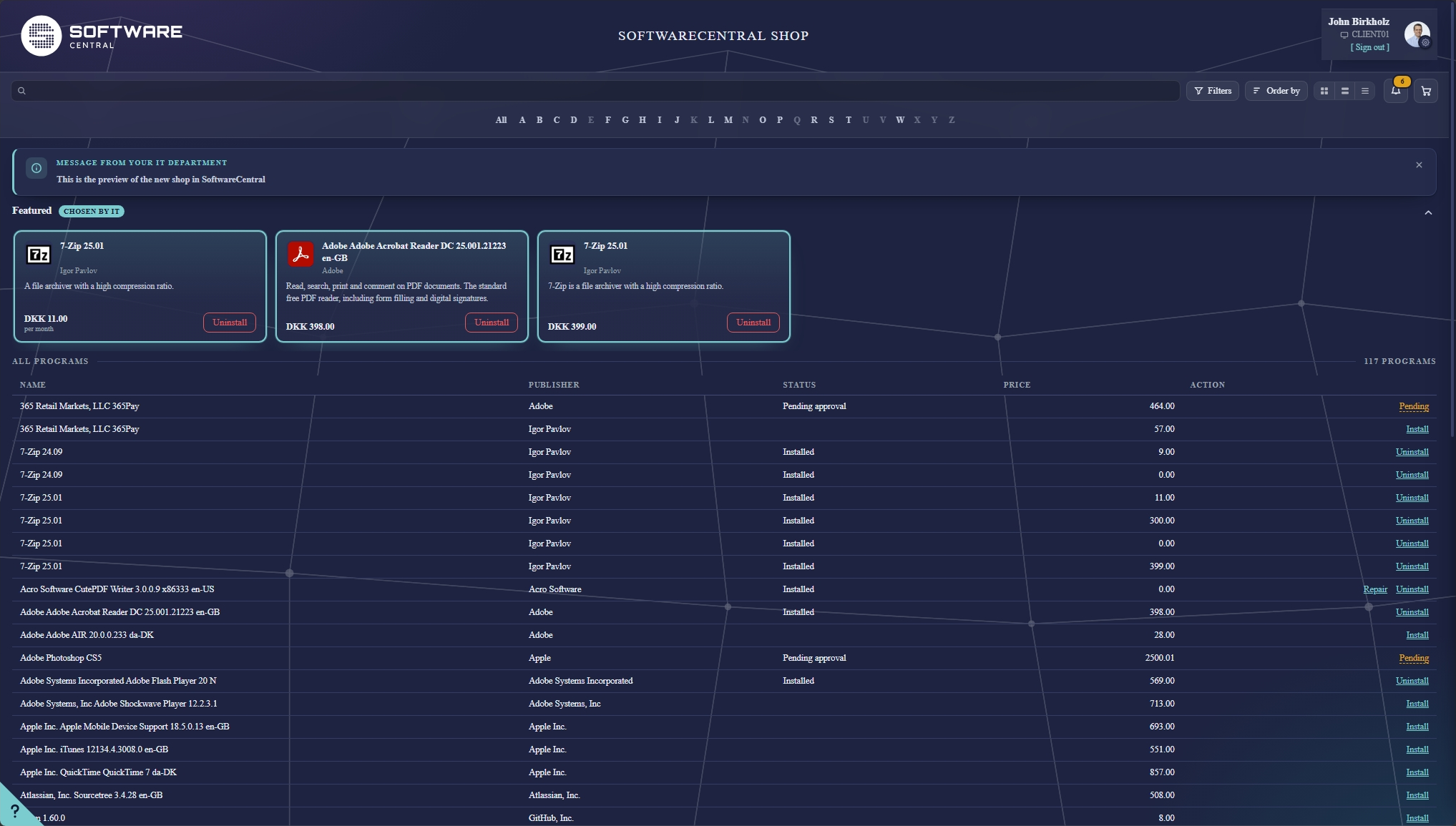 The same shop catalogue in List view, shown as a grid with sortable columns
