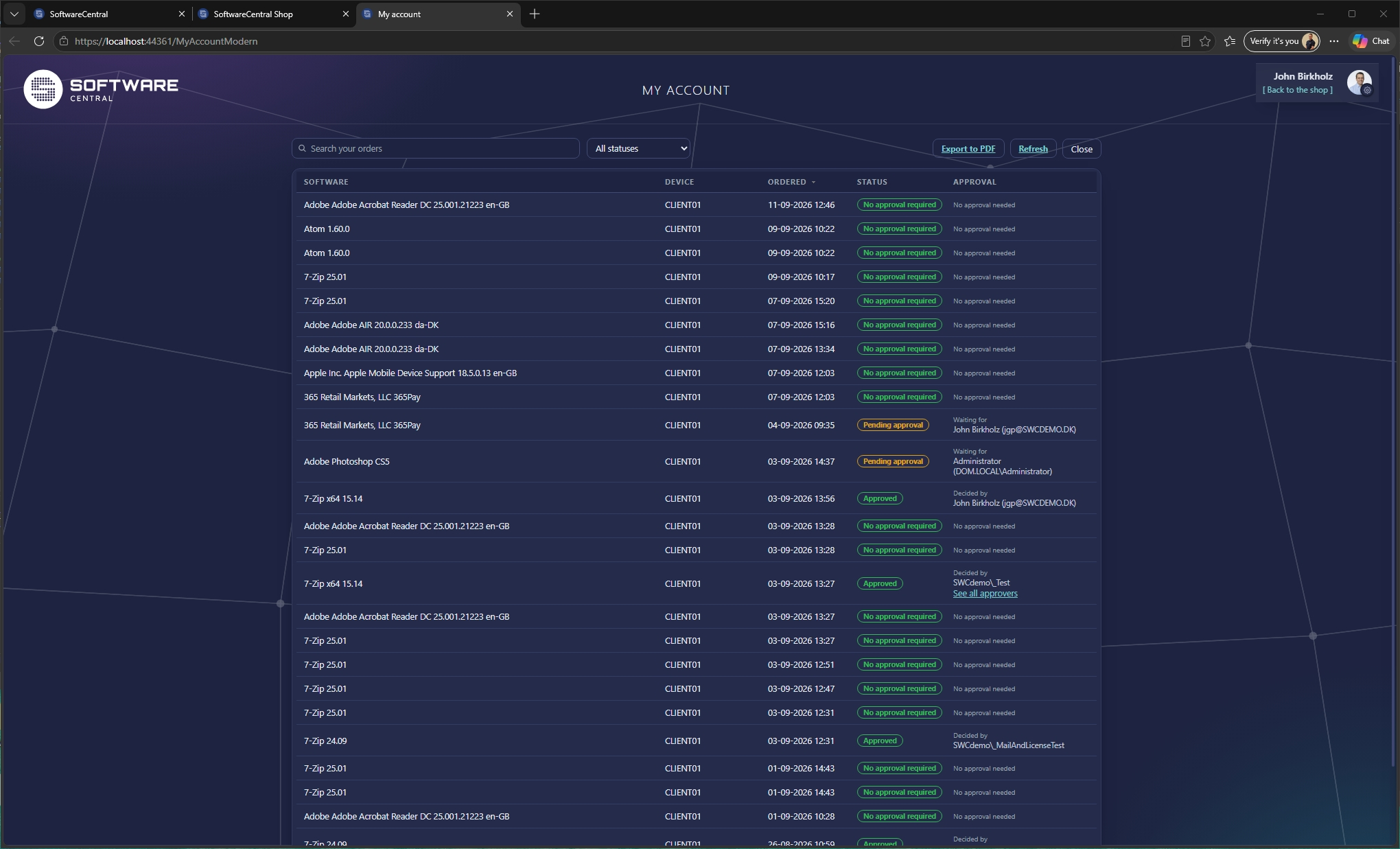 The redesigned My Account page listing a user's orders, each row showing its state and the approver it is currently waiting on