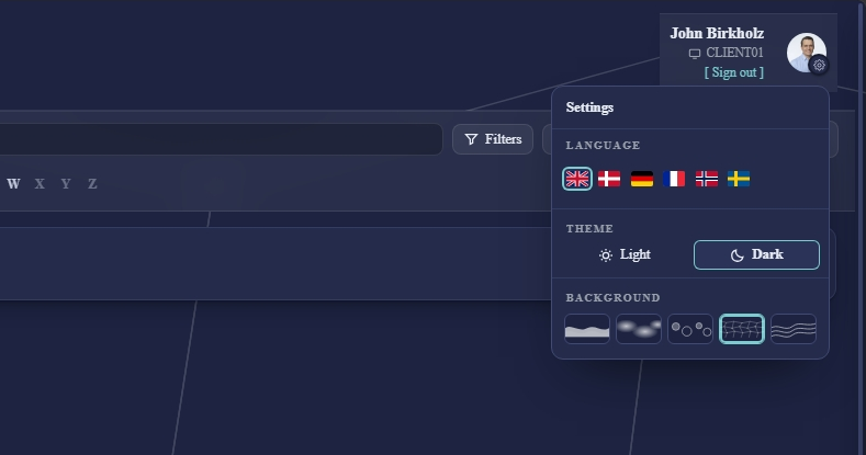 The user card with the settings panel open, showing language flags, the theme choice and the background patterns