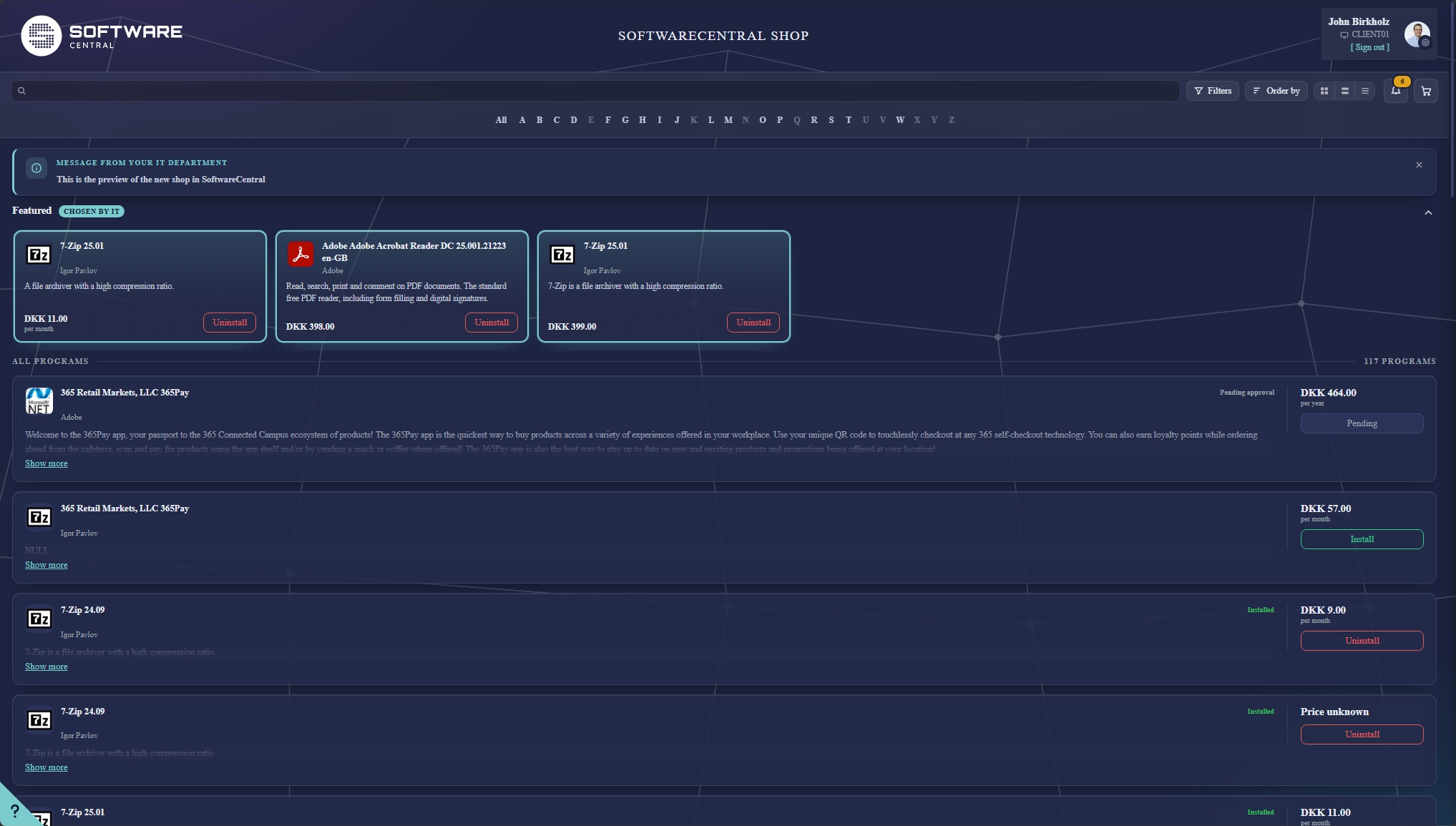 The shop catalogue in Standard view, one application per row with the icon beside its detail