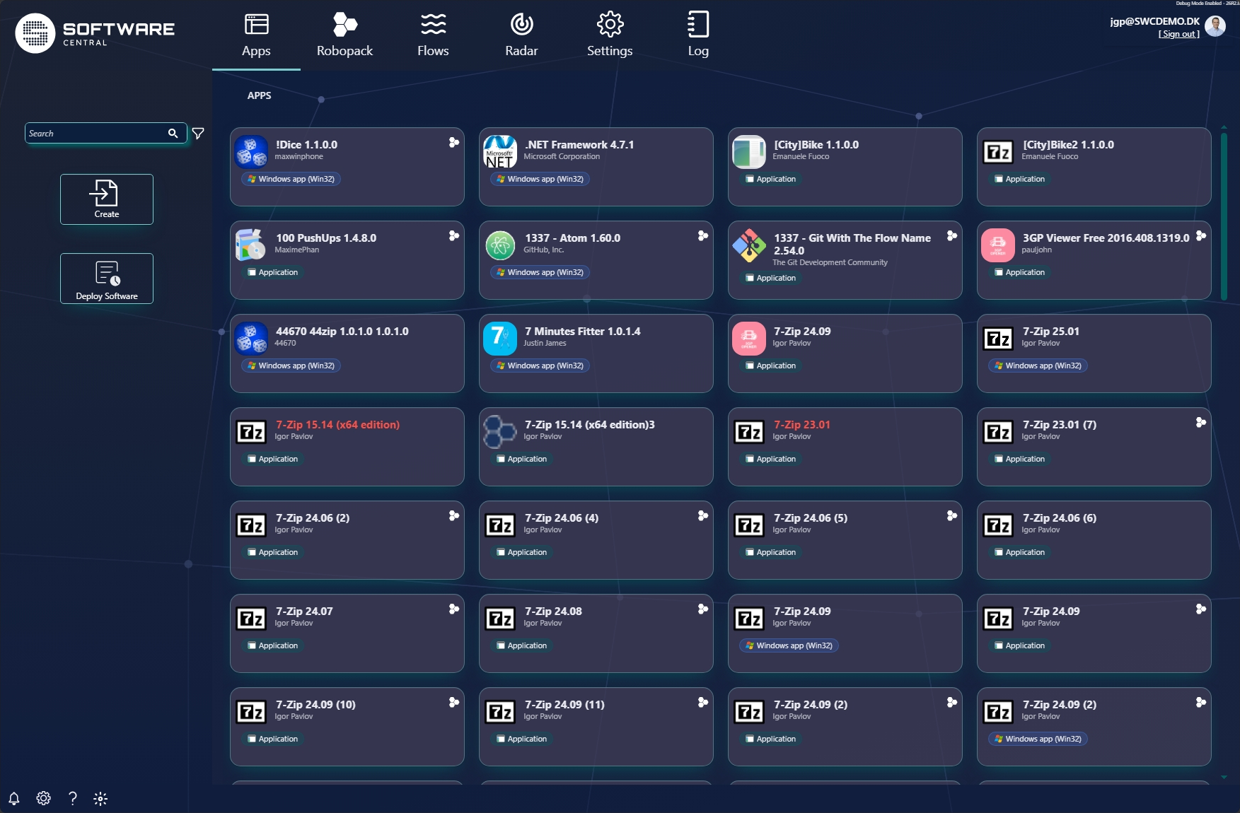 The Apps view — search and filter and Create and Deploy Software on the left, a gallery of application cards on the right