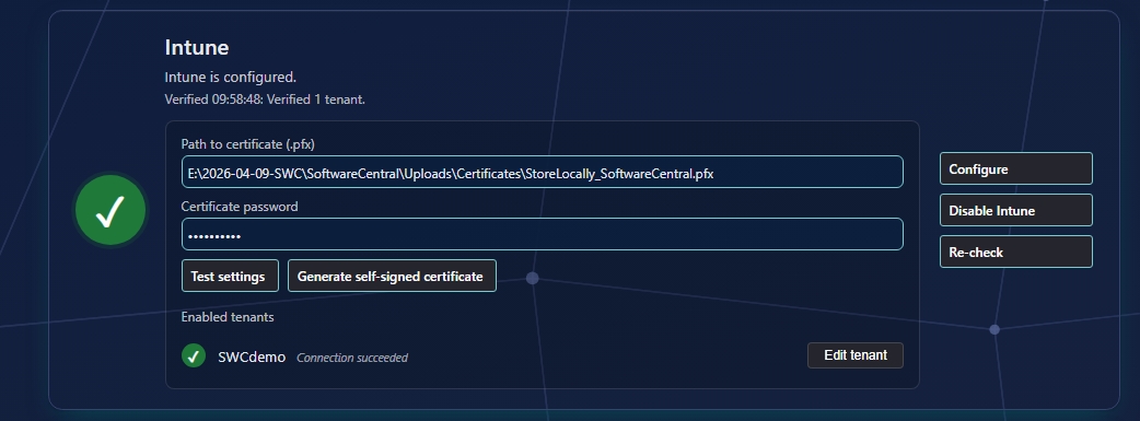 Intune card expanded with certificate fields, test settings and the enabled tenant