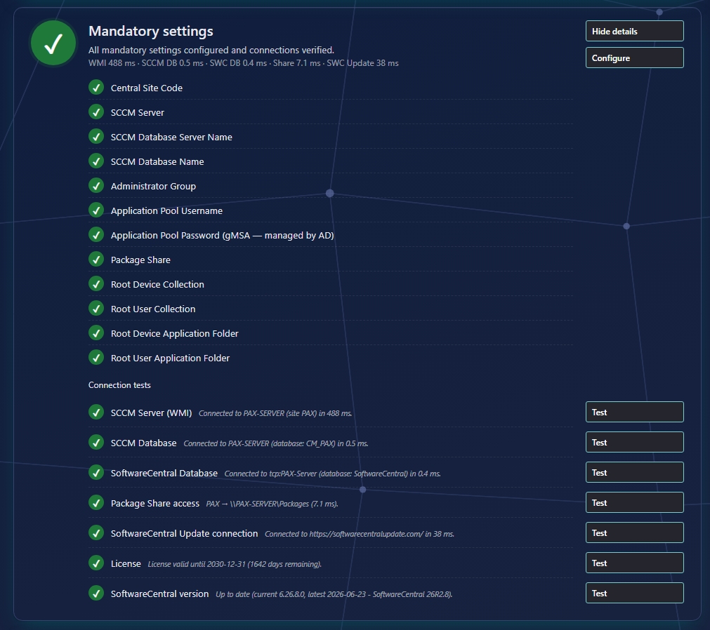 Mandatory settings card fully configured with all checklist items and connection tests green