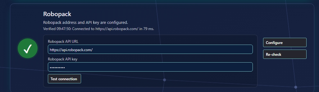 Robopack card configured with API URL, API key and a successful test connection