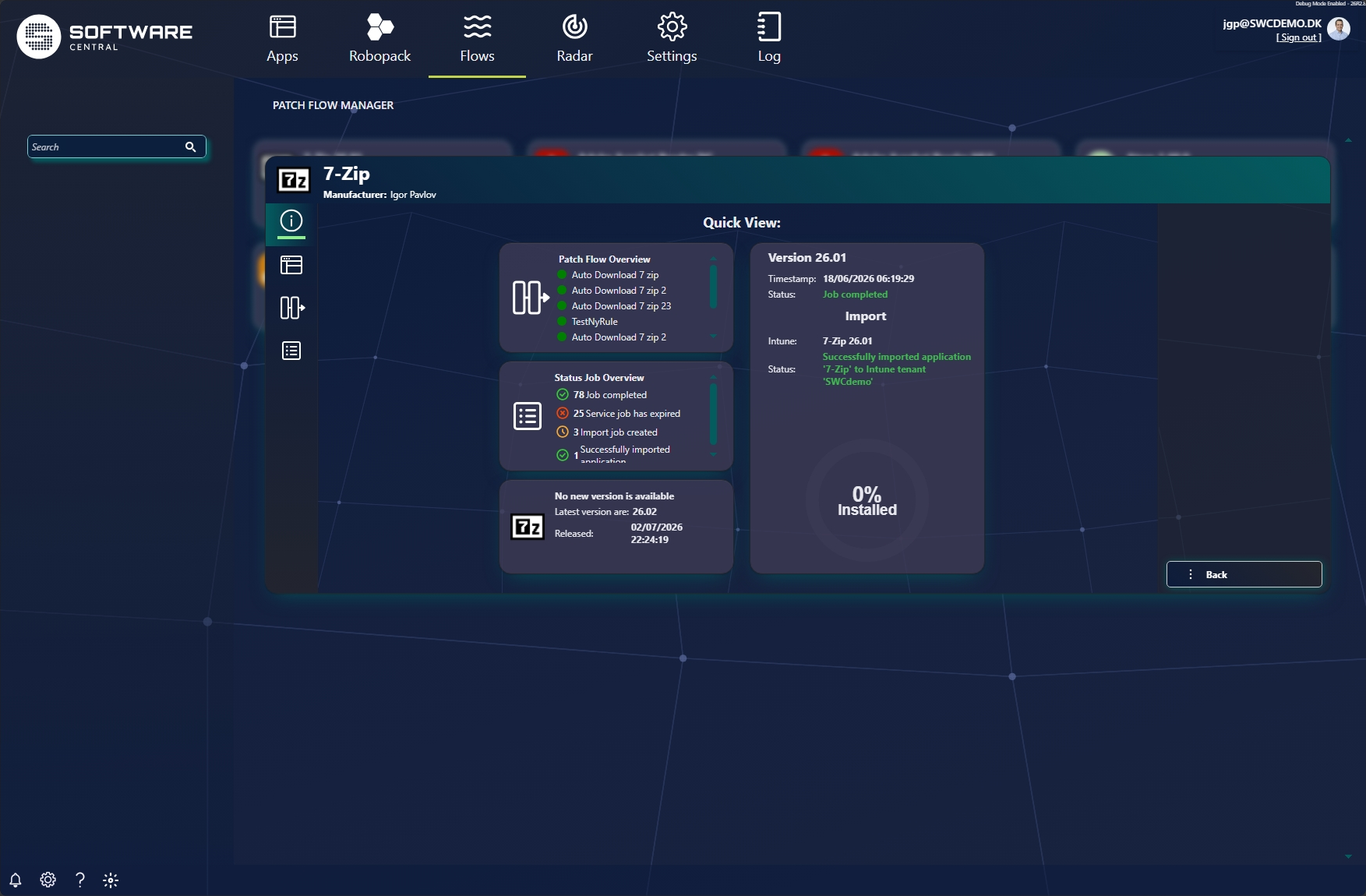 Flow detail Quick View with patch flow overview, status job overview, version monitoring and latest import