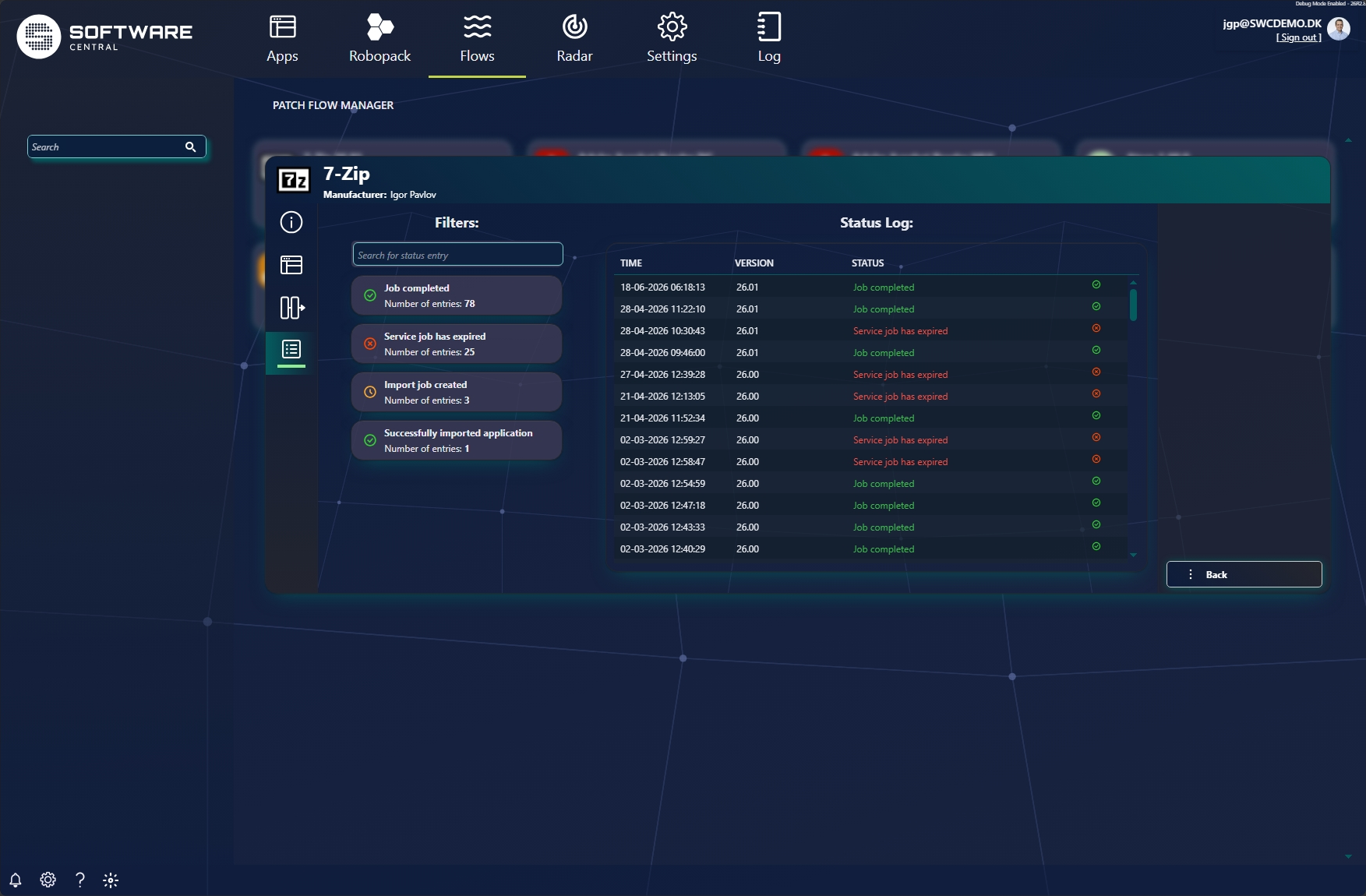 Flow status log listing every version downloaded with time, version and status, plus filters