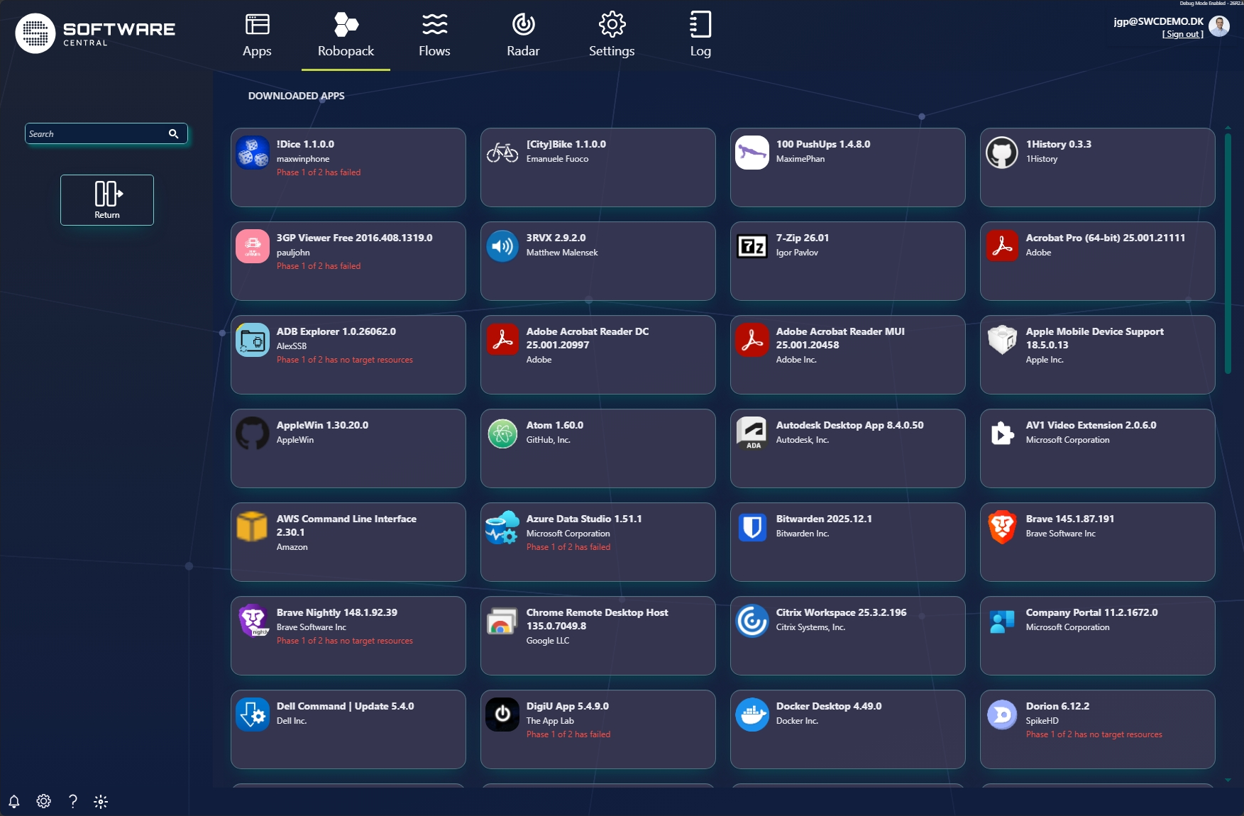 Downloaded apps view with per-app status