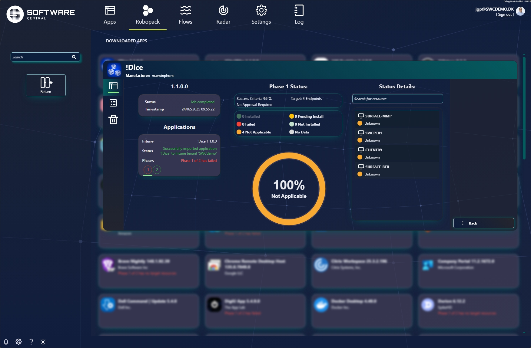Downloaded app detail view with job status, imported applications and phase status