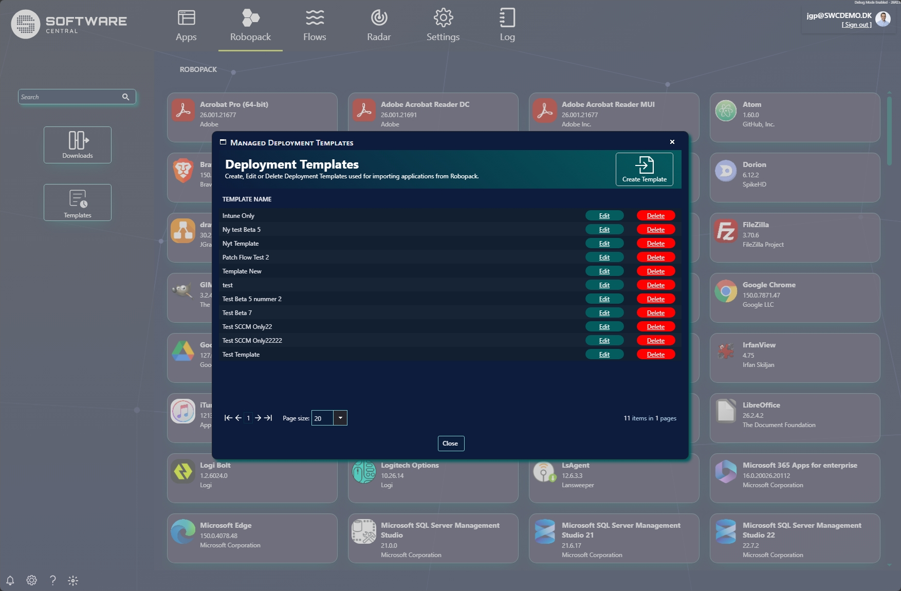 Managed Deployment Templates dialog listing templates with Edit and Delete