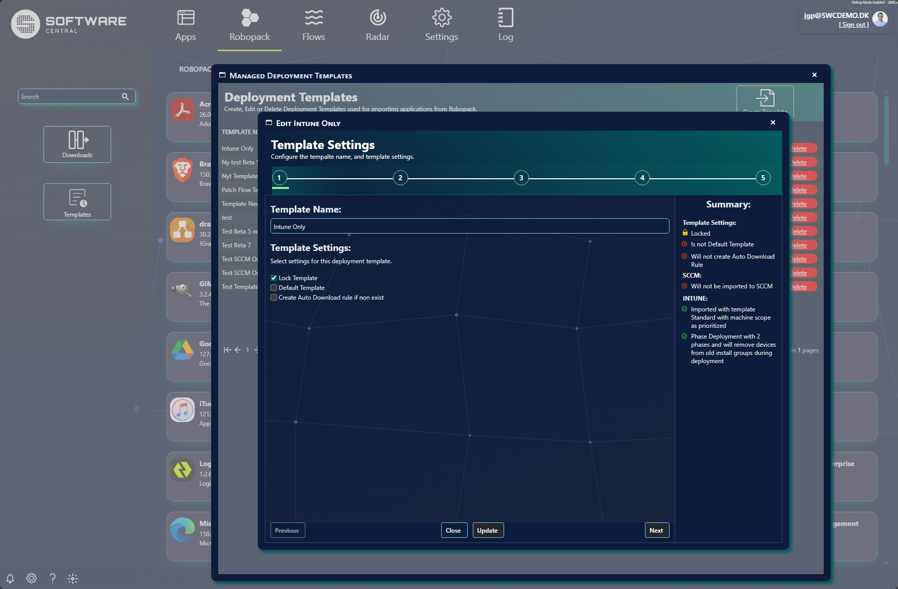 Template settings wizard step 1 with Lock, Default and Auto Download options and a summary