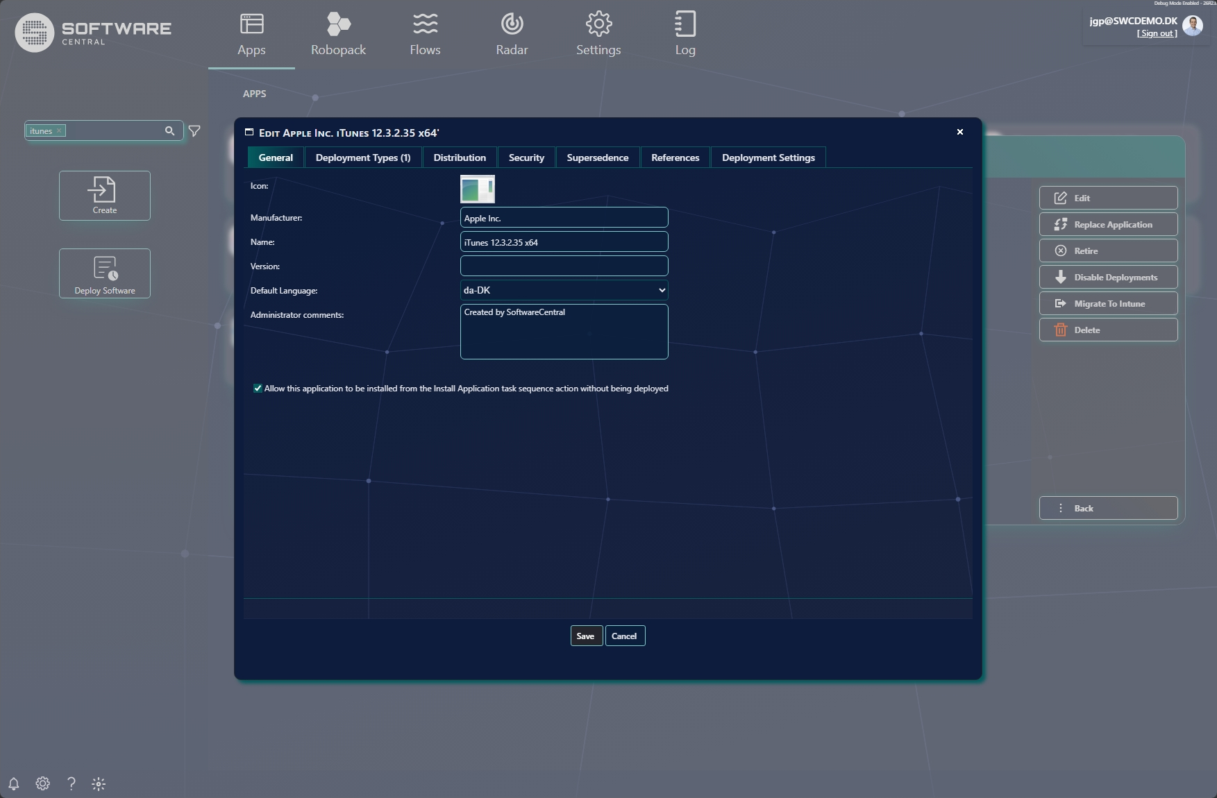 SCCM application edit dialog showing the General tab and the row of tabs