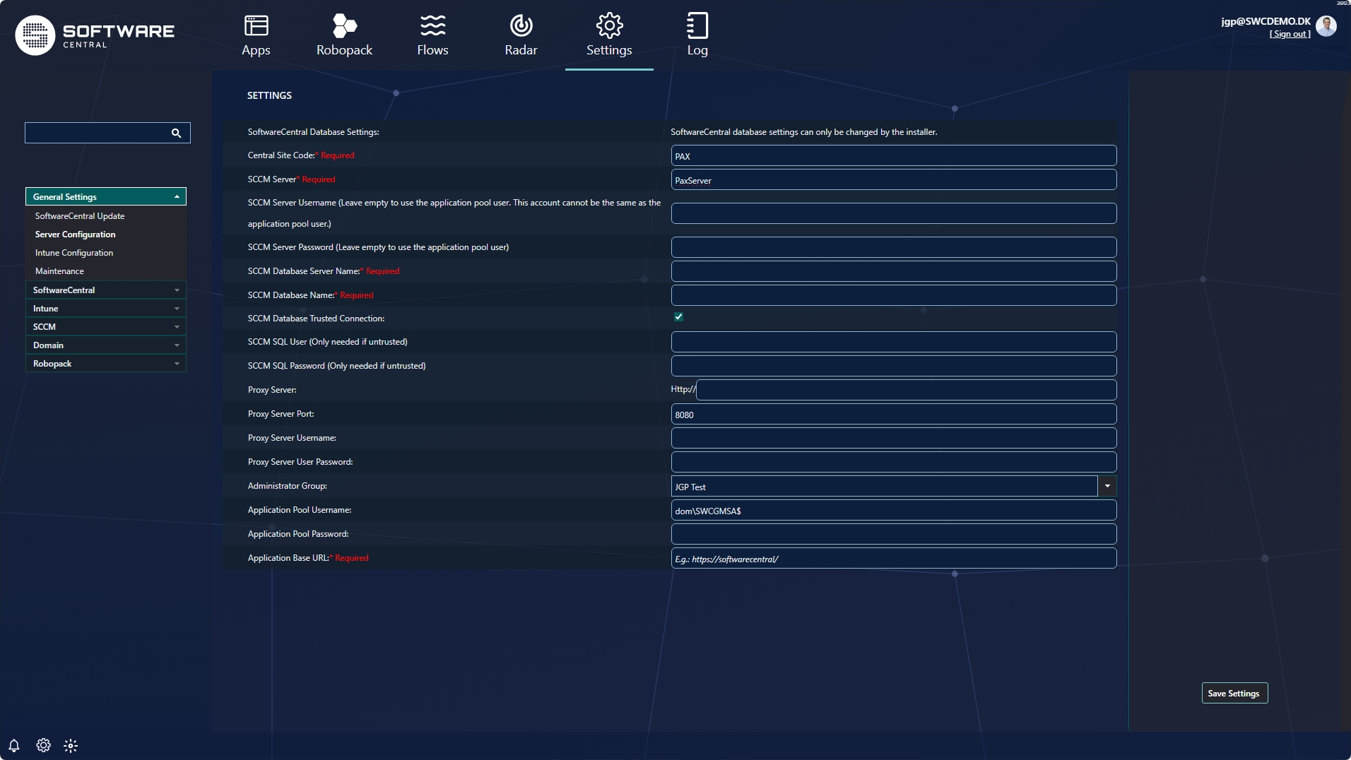 Application Manager Only settings interface with mandatory fields marked Required in red