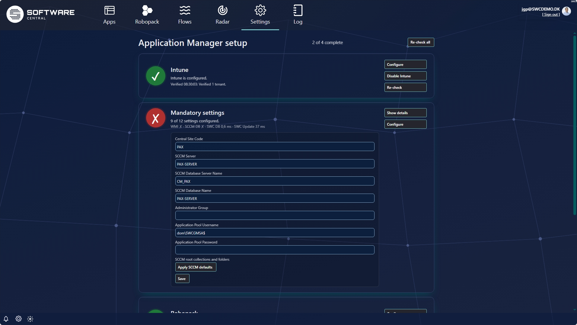 Application Manager setup page showing the Intune, Mandatory settings and Robopack cards with status indicators