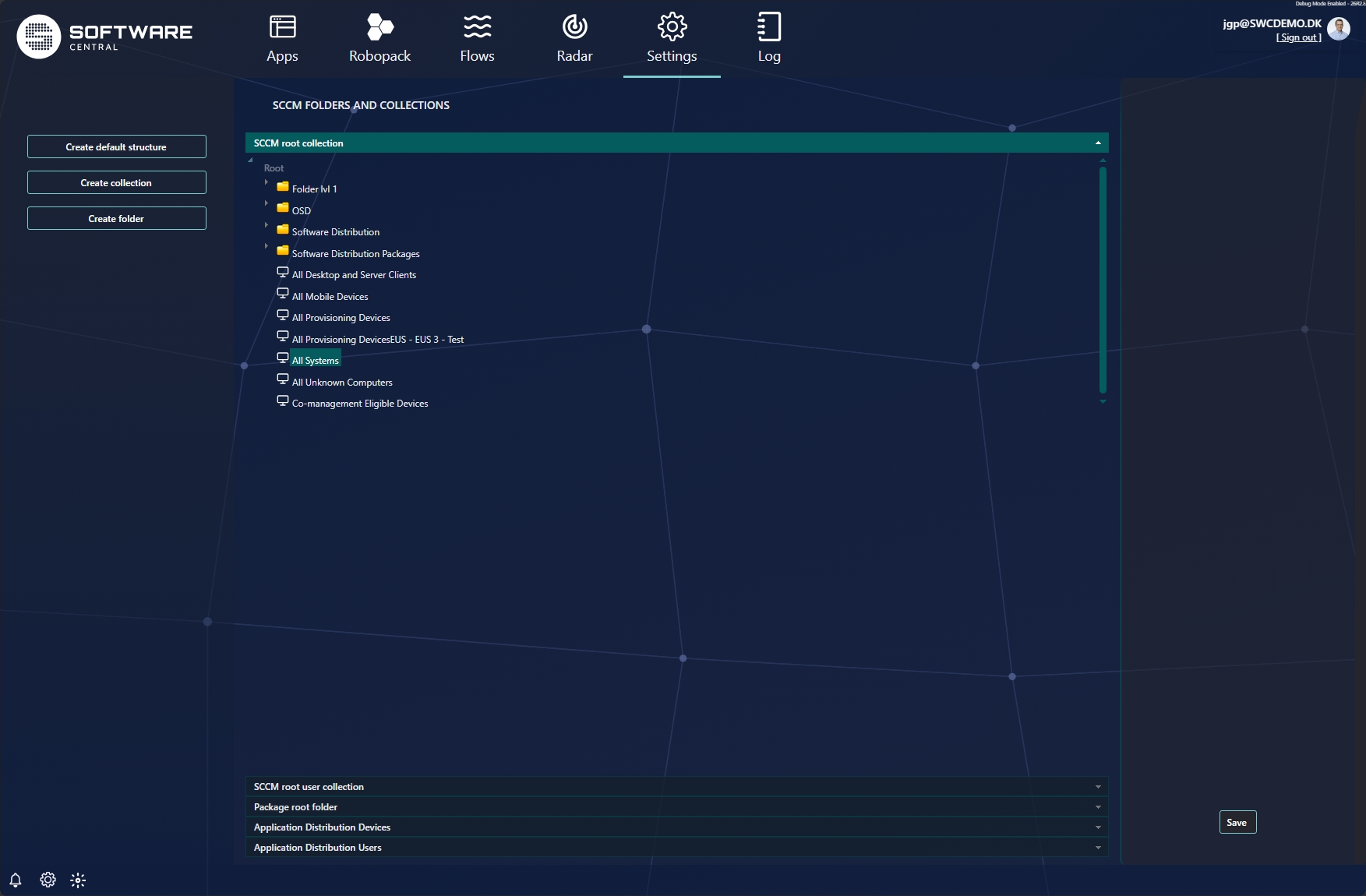 SCCM Folders and Collections page with the root collection tree and Create default structure button