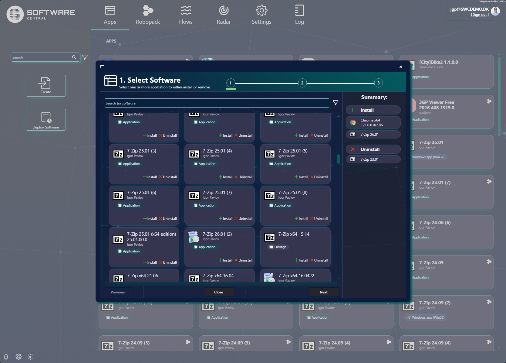 Deploy wizard step 1 — select software to install or uninstall