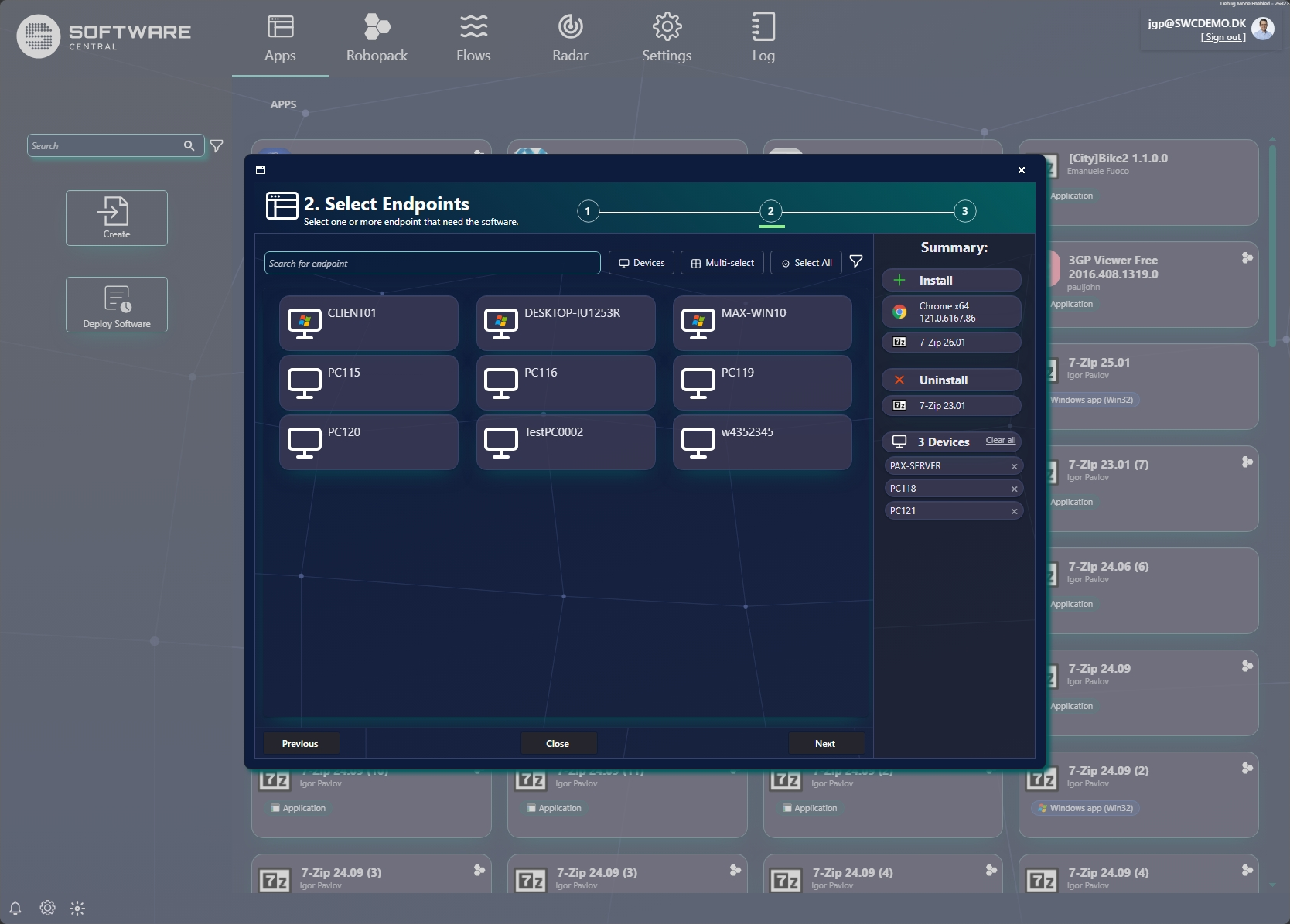 Deploy wizard step 2 — select endpoints