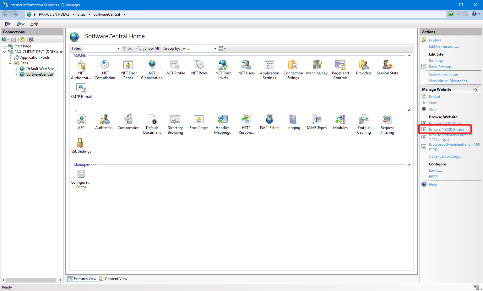 IIS Manager with SoftwareCentral site and Browse 8080 https highlighted