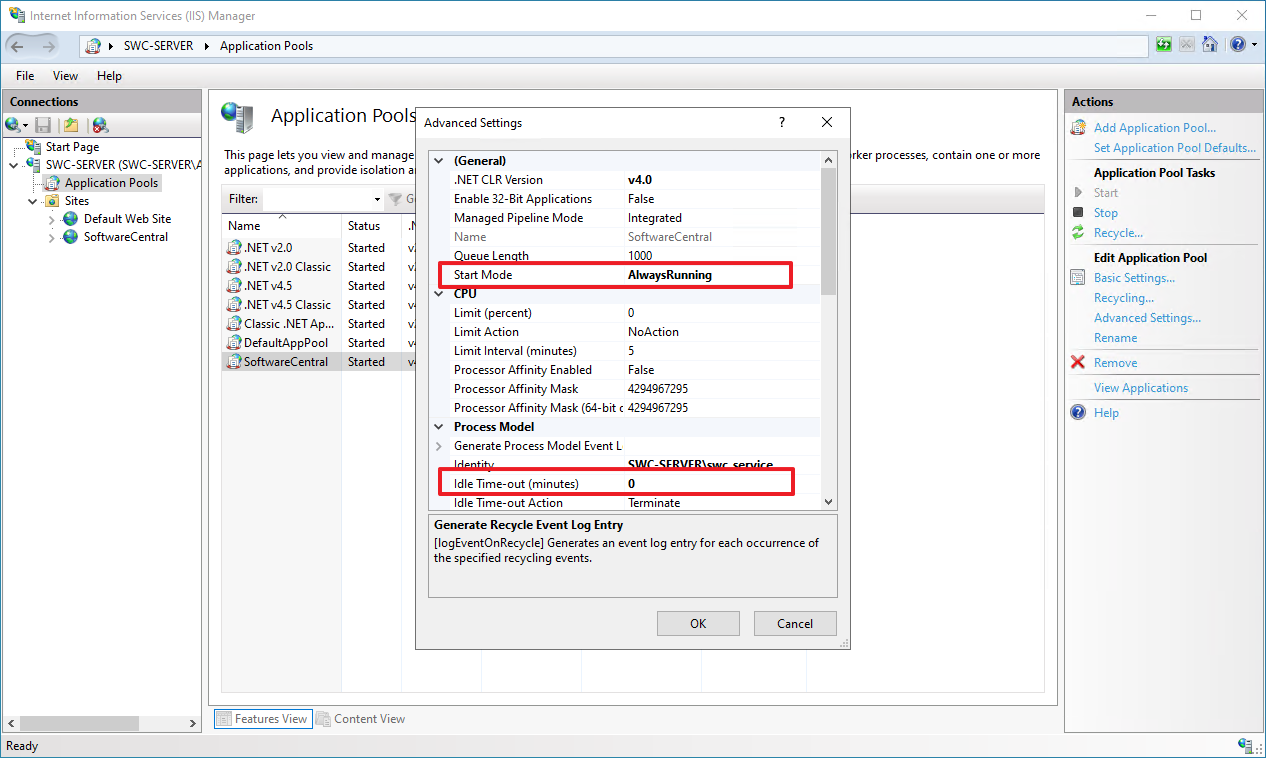 Application pool advanced settings with AlwaysRunning and Idle Time-out 0
