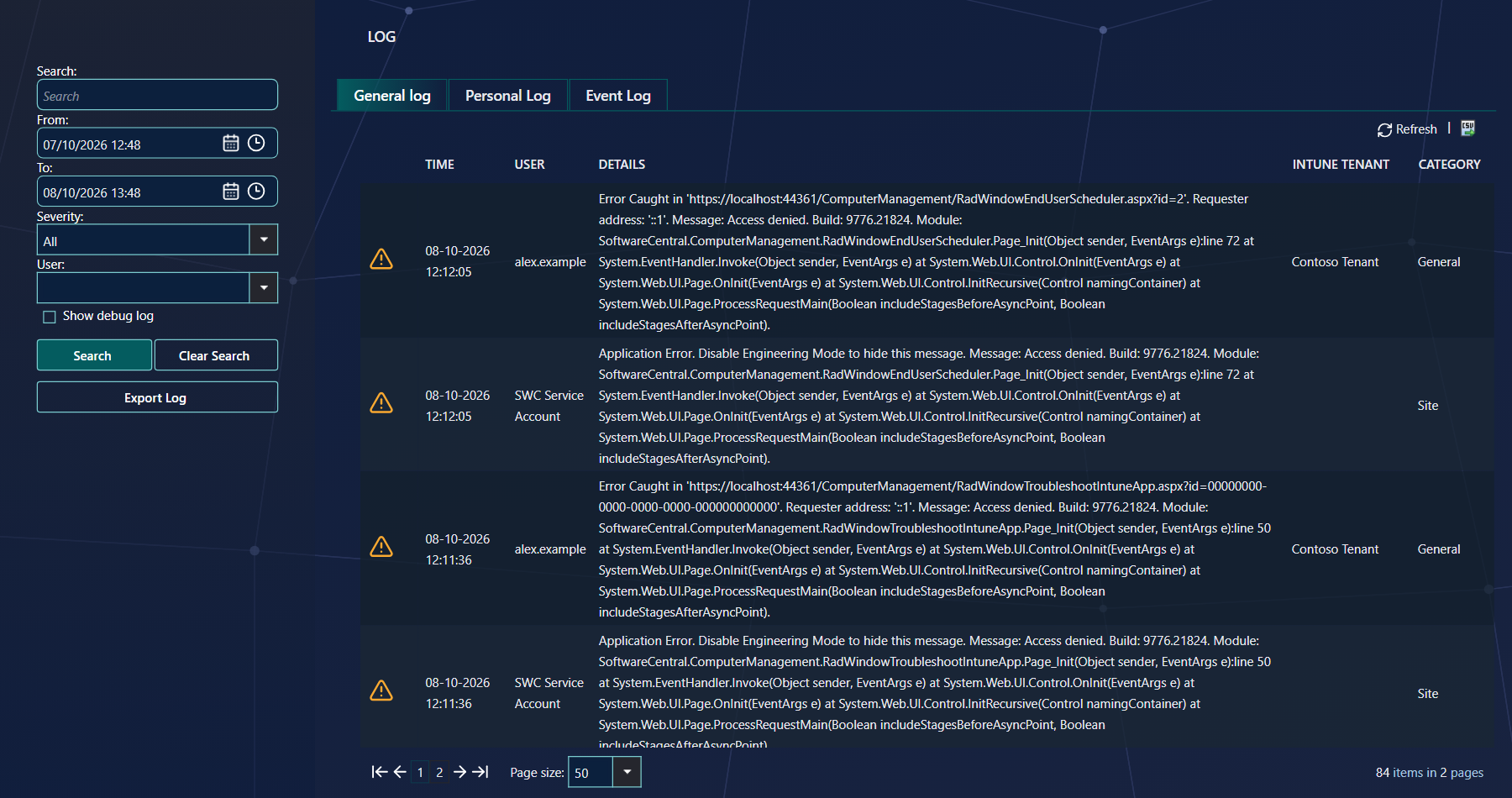 The Log page with the General log tab selected. The search filters are in the left menu. The grid has the columns icon, Time, User, Details, Intune Tenant and Category, and a page size box at the bottom.