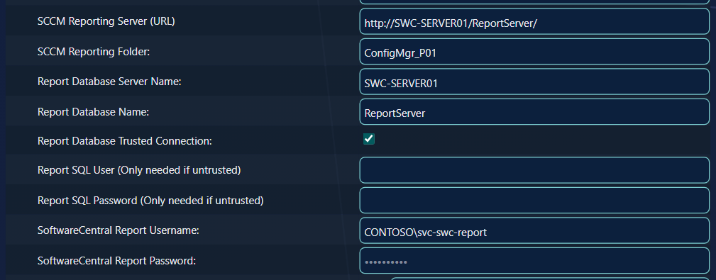 Server Configuration settings: SCCM Reporting Server (URL), SCCM Reporting Folder, Report Database Server Name, Report Database Name, Report Database Trusted Connection ticked, Report SQL User and Report SQL Password empty, SoftwareCentral Report Username and a masked SoftwareCentral Report Password