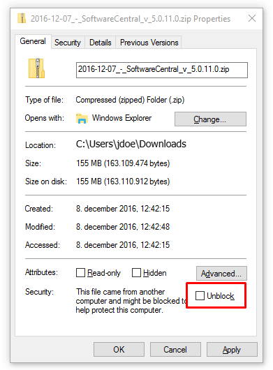 Windows Properties window for the update zip file, General tab. At the bottom, the Security section has an Unblock checkbox, which is not ticked and is outlined in red.